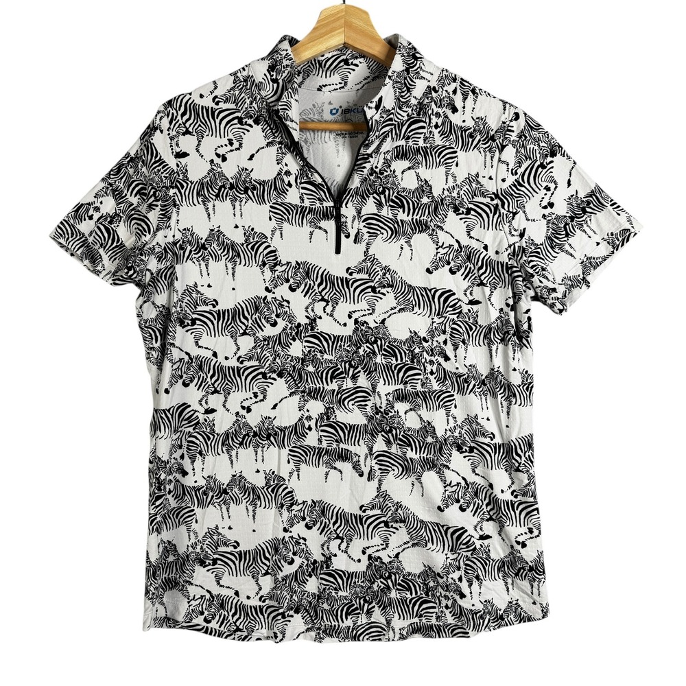 IBKUL Zebra Print Golf Polo Shirt Quarter Zip Short Sleeve White Black Men Large